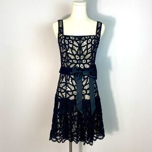 Y2K Betsey Johnson Black Lace Over Tan Satin Babydoll Mini Dress size 4